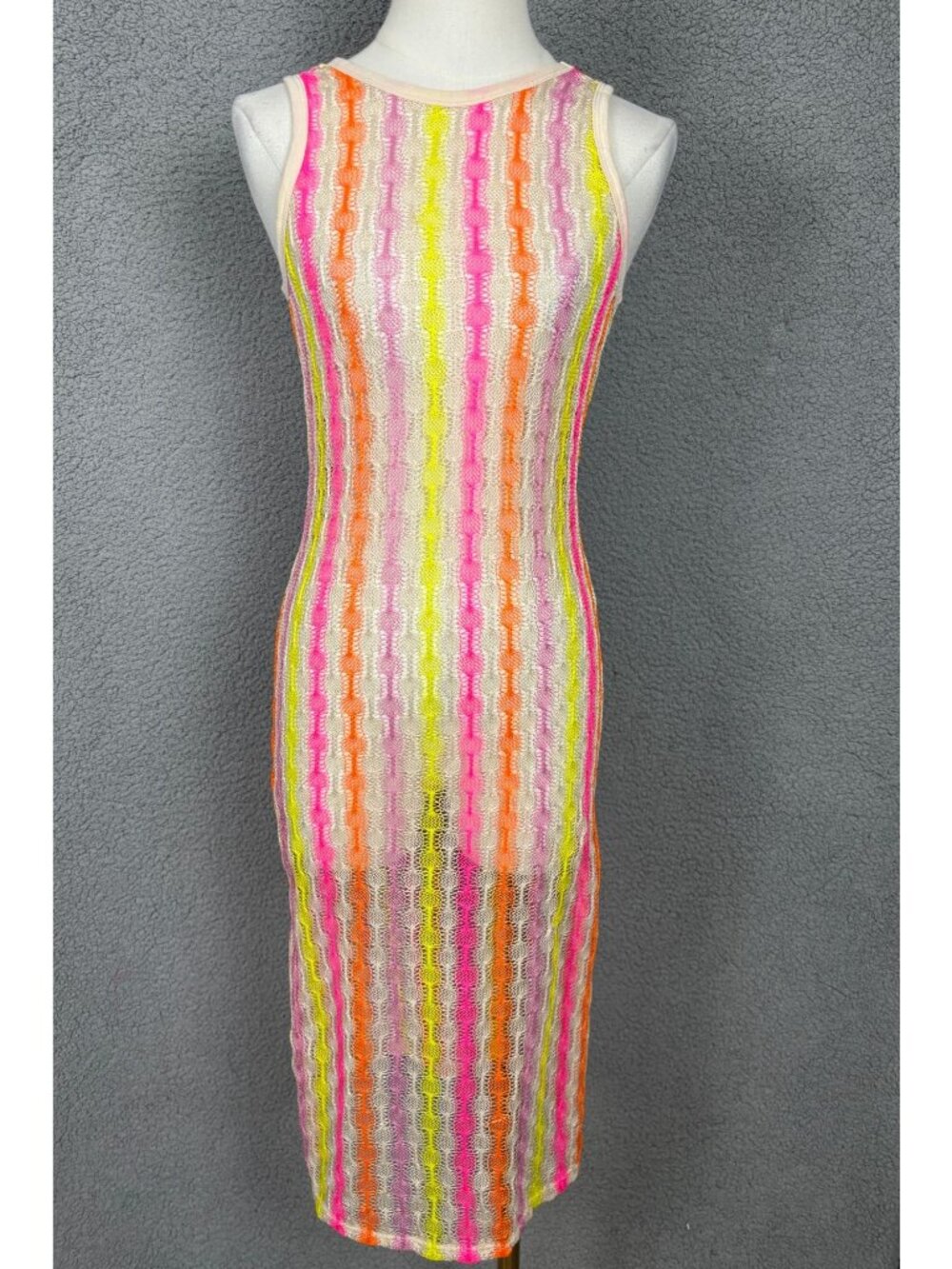 Miken  Women's Swim Neon Striped Crochet Cover-Up Dress Small Multicolor NWT's